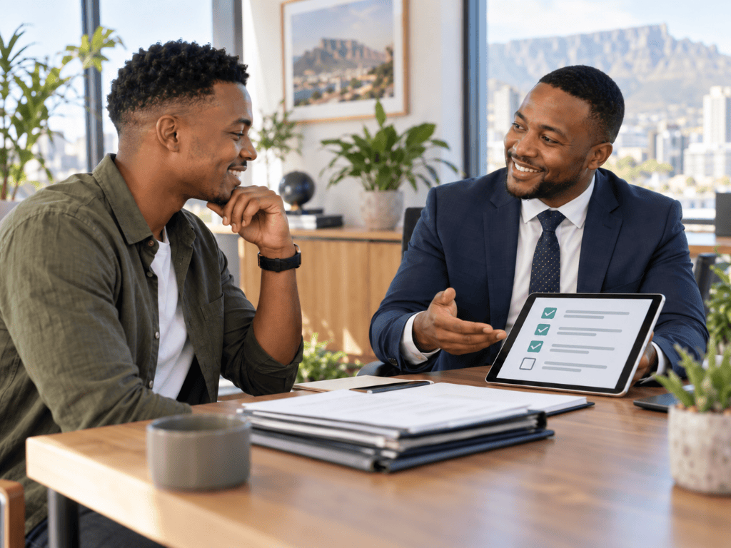 First-time buyer comparing home loan offers with a bond consultant in a higher interest rate market