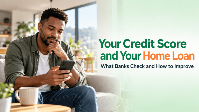 Man checking his credit report on his phone with the title Your Credit Score and Your Home Loan