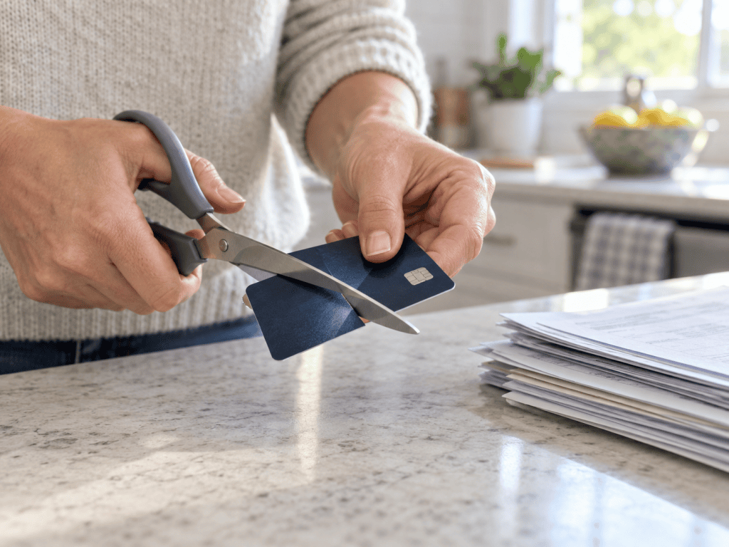 Hands cutting up an unused store card to reduce debt before a bond application