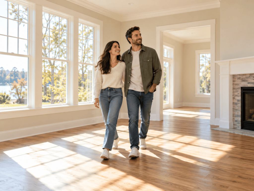 Couple walking through the living room of their new home